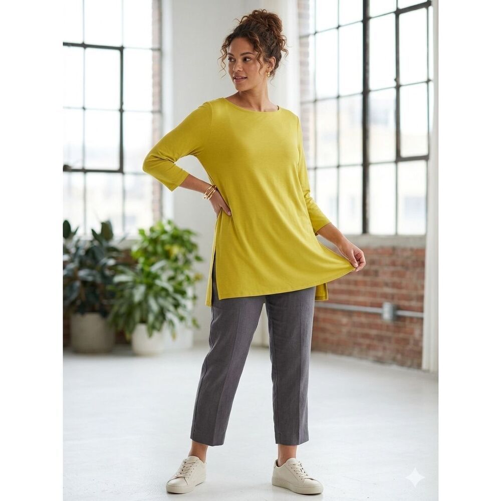 Eileen Fisher Chartreuse Stretch Jersey Bateau Neck Tunic Top - Size L